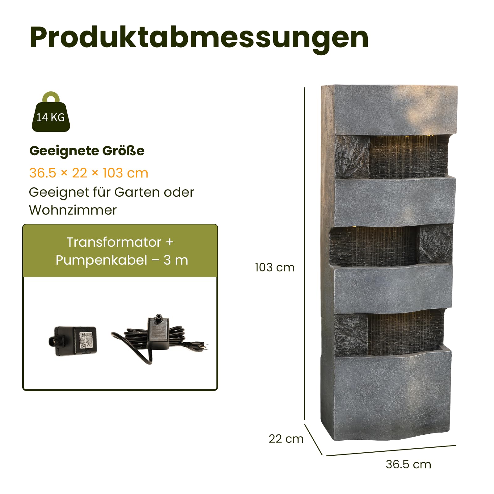 Sunlinua 3-stufiger Regenvorhang-Springbrunnen mit LED-Beleuchtung – moderner freistehender Brunnen für Garten, Terrasse, Balkon oder Eingangsbereich, 36.5×22×103 cm | Grau