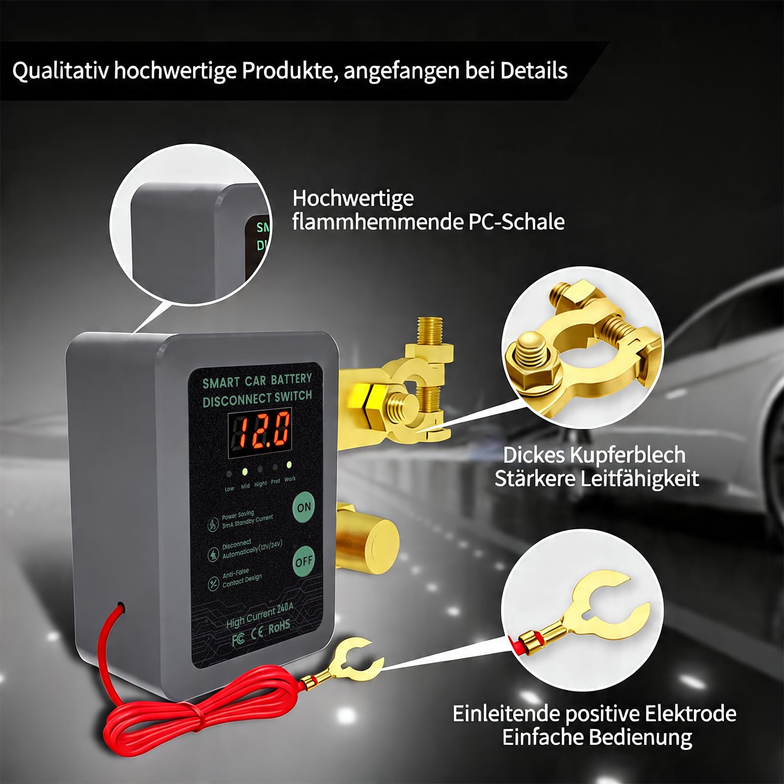 Smart Drahtloser Ferngesteuerter Auto Trennschalter, 12V Batterie Trennschalter 240A, Batterie Kill Switch Anti-Diebstahl mit LED-Anzeige automatische Abschaltung Schalter für Auto, RV, ATV, LKW, Boot