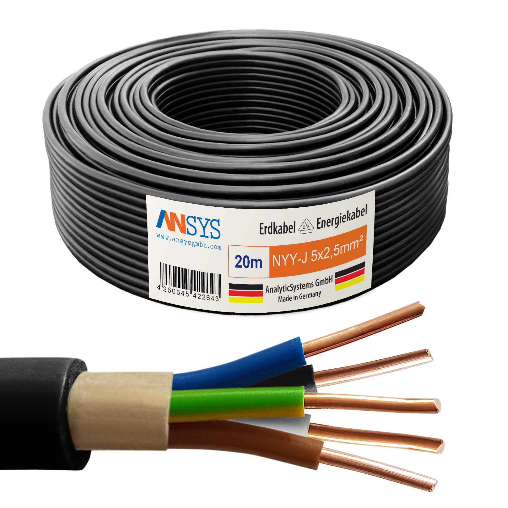 20m NYY-J 5x2,5 mm² Erdkabel Elektrokabel Beton und Freien Kupfer Made in Germany