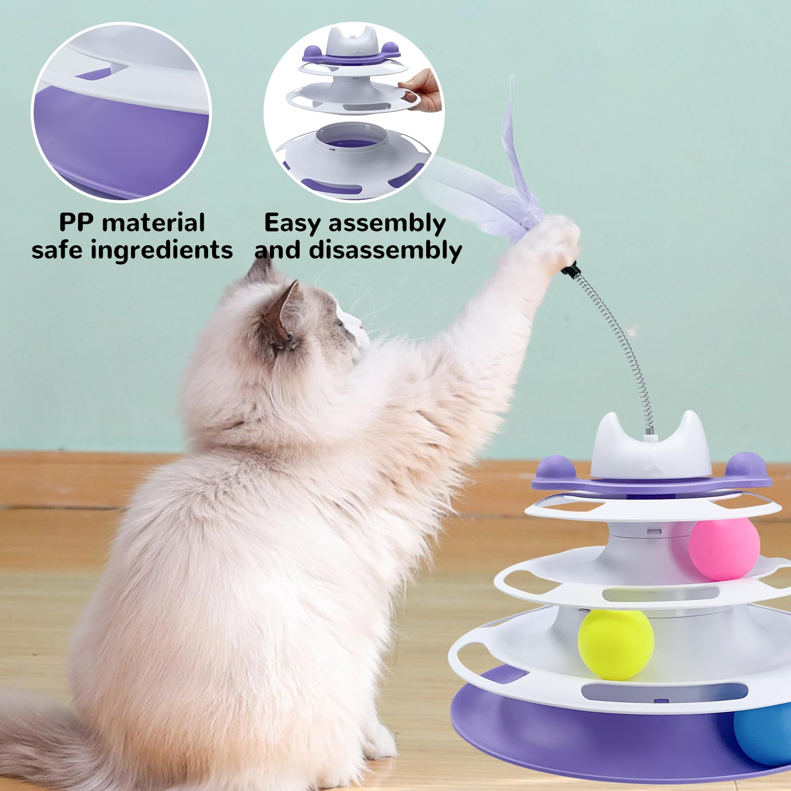 HYSHLC 3 Level Interactive Cat Toys, Interactive Kitten Toys, Indoor Cat Ball Toy 3 Colorful Balls with Feather Teaser - Image 3