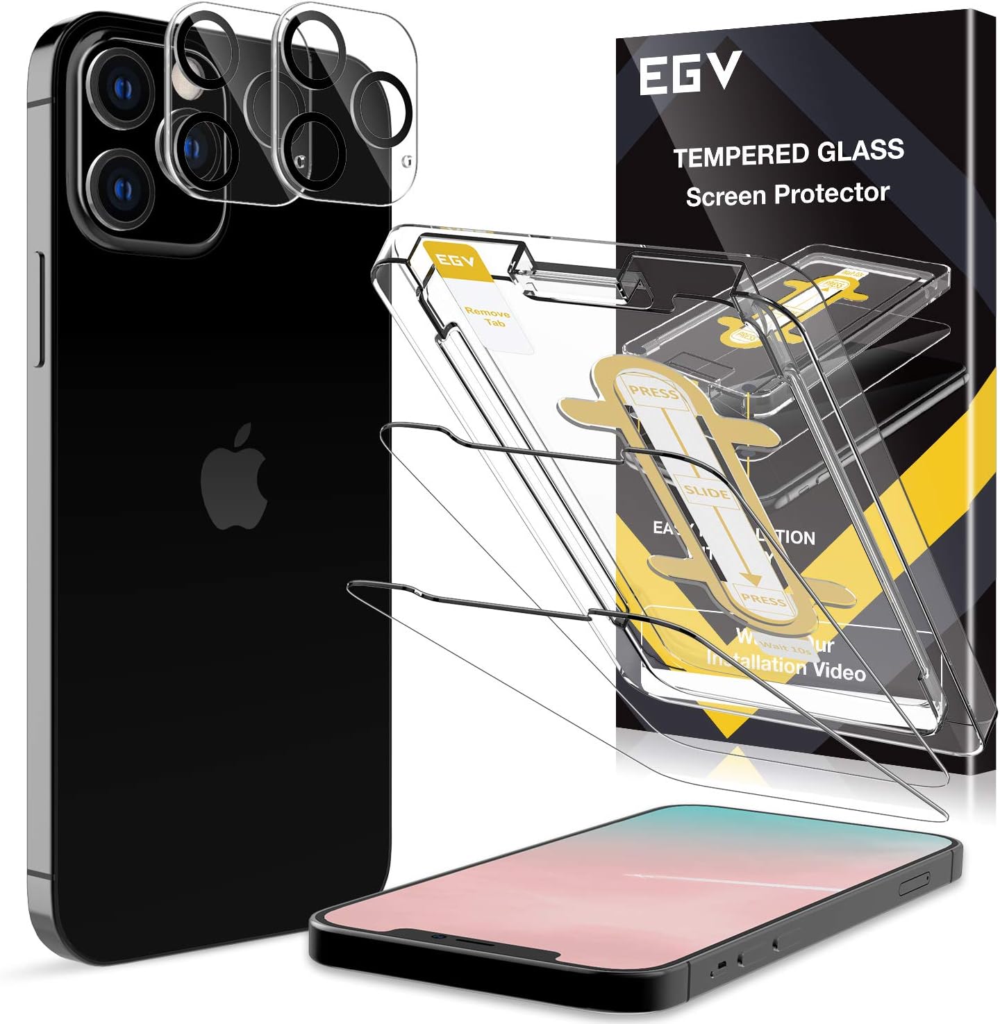 EGV [4 Pack Screen Protector compatible with iPhone 12 Pro Max (6.7"), [2 Tempered Glass + 2 Camera Lens Protector], HD Ultra-Thin, Anti-Scratch, Bubbles-Free [Easy Installation Tray]