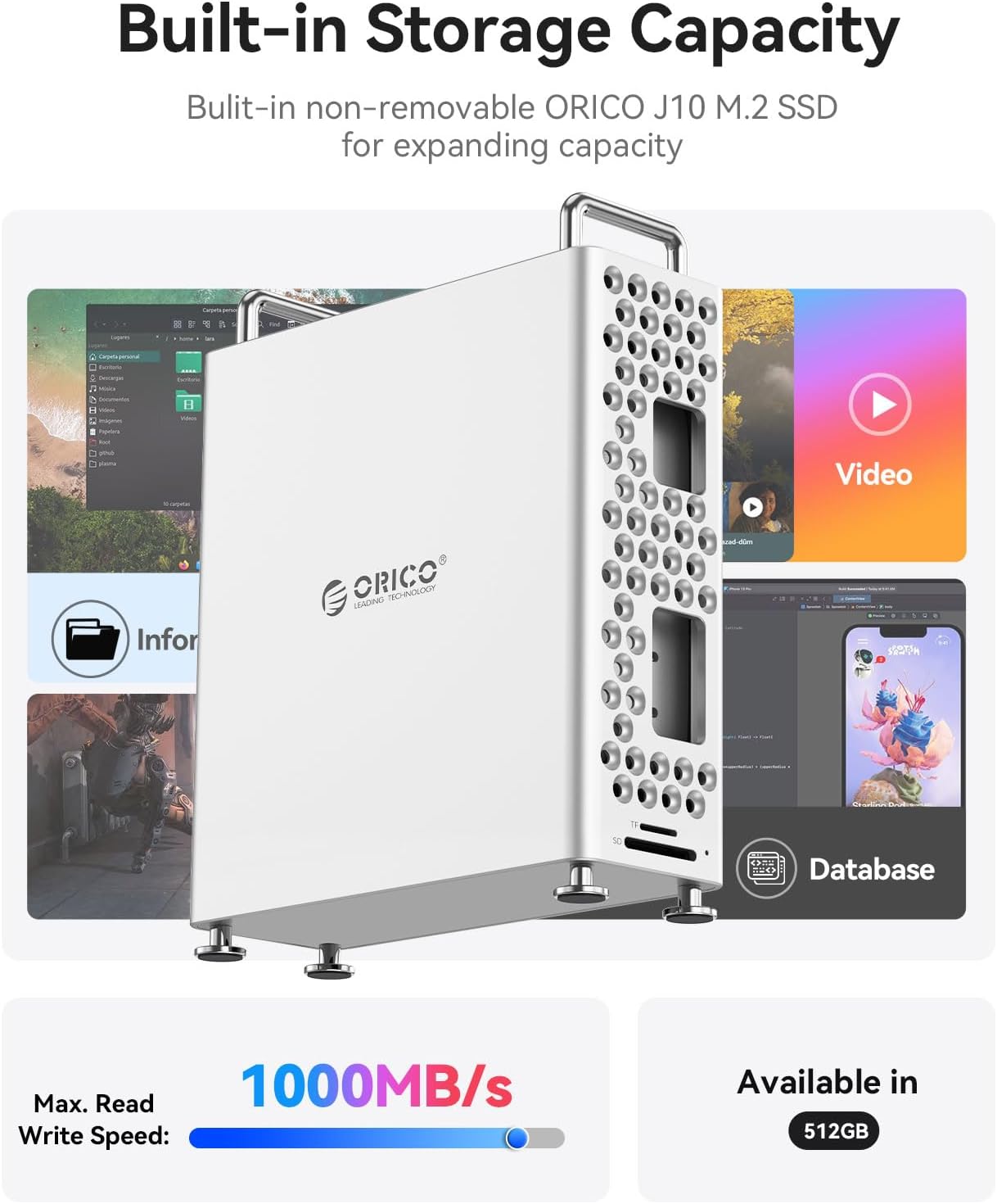 ORICO 512GB Built-in NVMe M.2 2280 SSD,Mini Pro Stand 4-in-1 USB-C Hub with 2X USB-A 10Gbps Transfer Speed,Tool-Free Installation, Aliminum Alloy (MS10-512GB)
