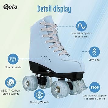 Gets Roller Skates for Women Men 4 Wheels Light Up Indoor Outdoor Roller Skate, High Top PU Leather Beginner Double Row Unisex Roller Skates for Kid Girls