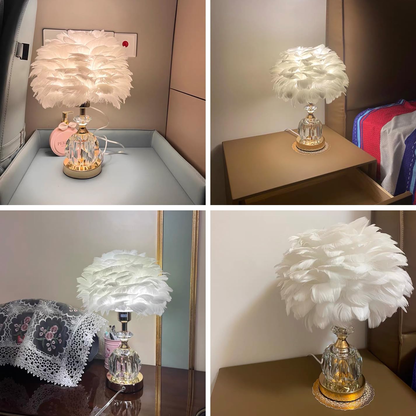 Base De Cristal Lámpara De Mesa De Plumas Blancas Lámpara De Noche De Plumas Románticas Lámpara De Noche De Plumas Lámpara De Plumas Decoración De Dormitorio, Lámpara De Cabecera De Sala De Estar