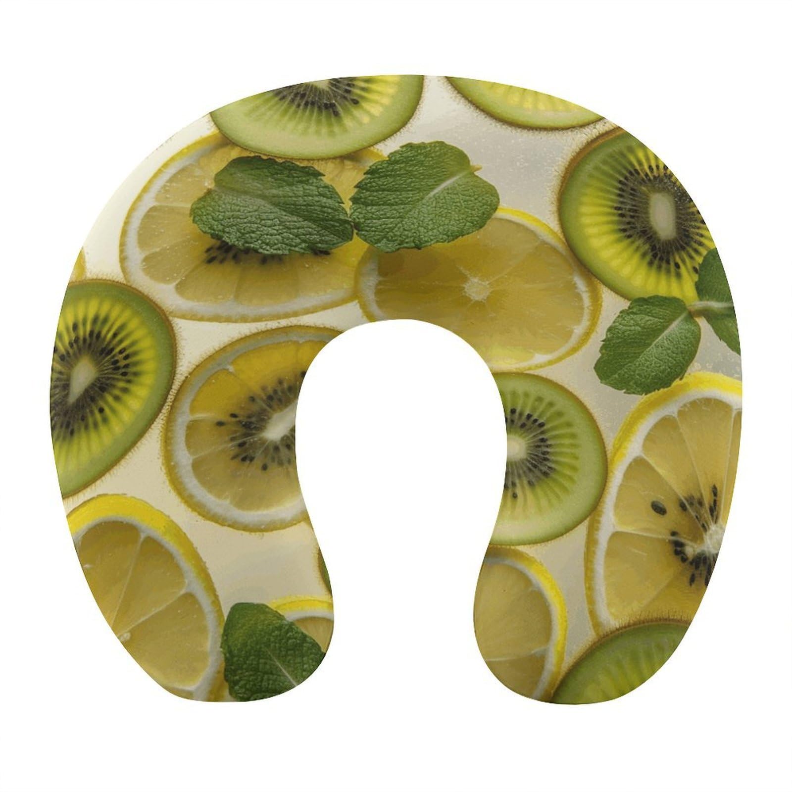 Adfgyerh Style Sliced Lemon And Kiwi In Drink U-Shaped Pillow，Memory Foam Pillow Core，Cushion ，Provide Neck Support ，Travel Pillow，Suitable For Airplanes, Cars, Homes, And Offices.