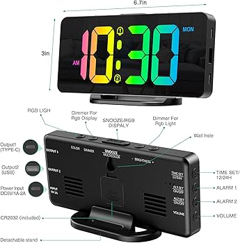 ORIA Digitale led-wekker, 17,8 cm (7 inch), houten stijl, reiswekker met 2 alarmen, 5 helderheid, 3 volumeniveaus, snooze, DST, kleurrijk omgevingslicht, moderne tafelklok voor slaapkamer, kantoor