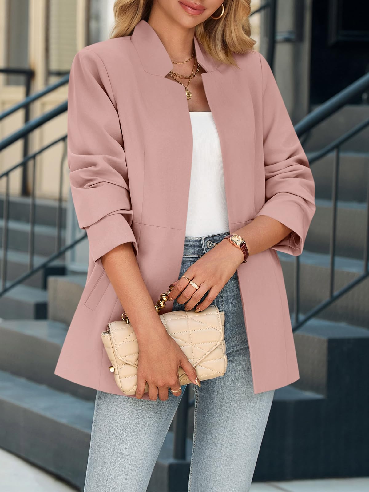 Cicy Bell Blazer décontracté à manches longues ouvert sur le devant et col montant pour femme