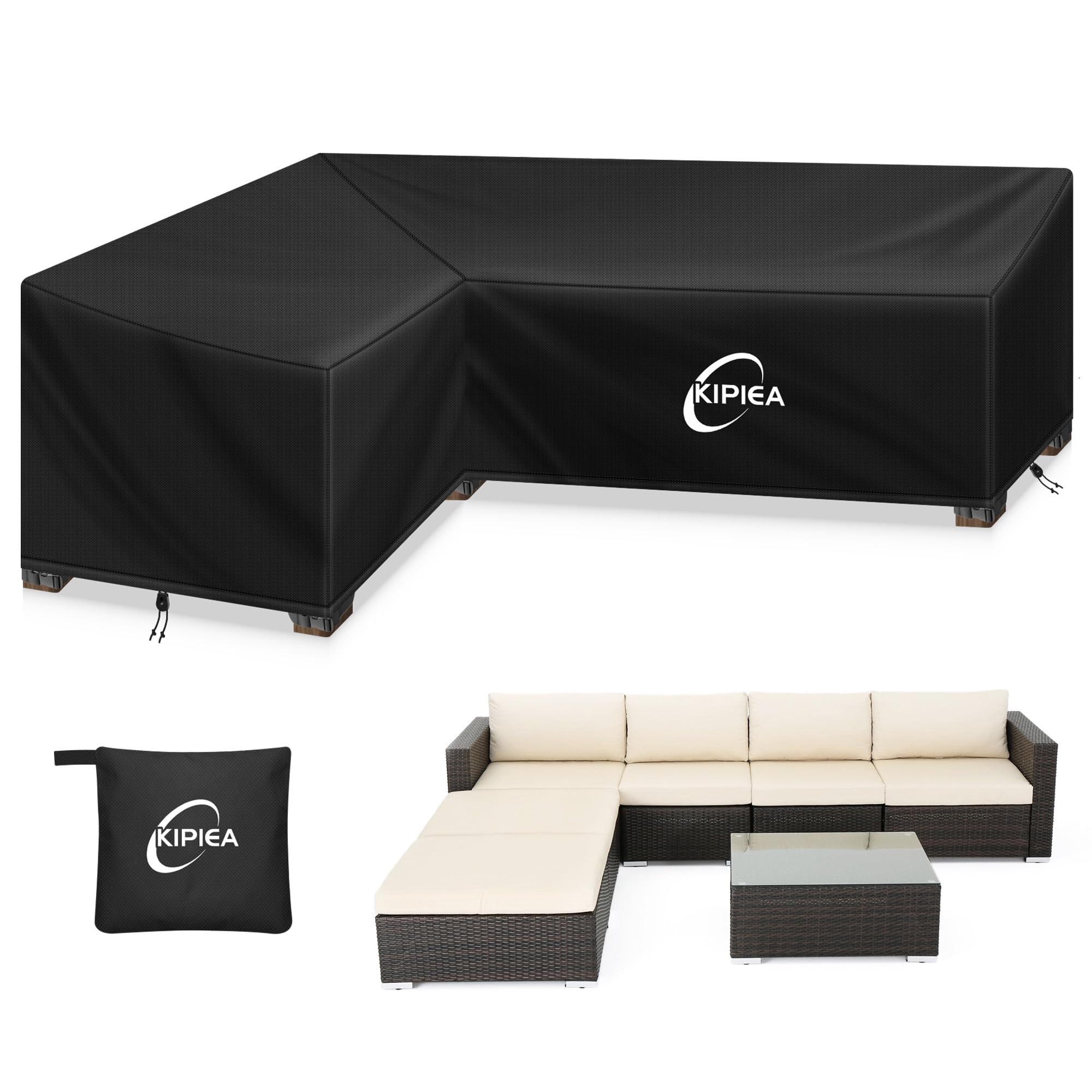 Kipiea L Shaped Garden Furniture Covers Waterproof, 500D Heavy Duty Oxford Fabric Outdoor Corner Sofa Cover Windproof, Garden Sofa Covers, Anti-UV, Ripstop, No Fading (Left Side, 229x305x85x78cm)