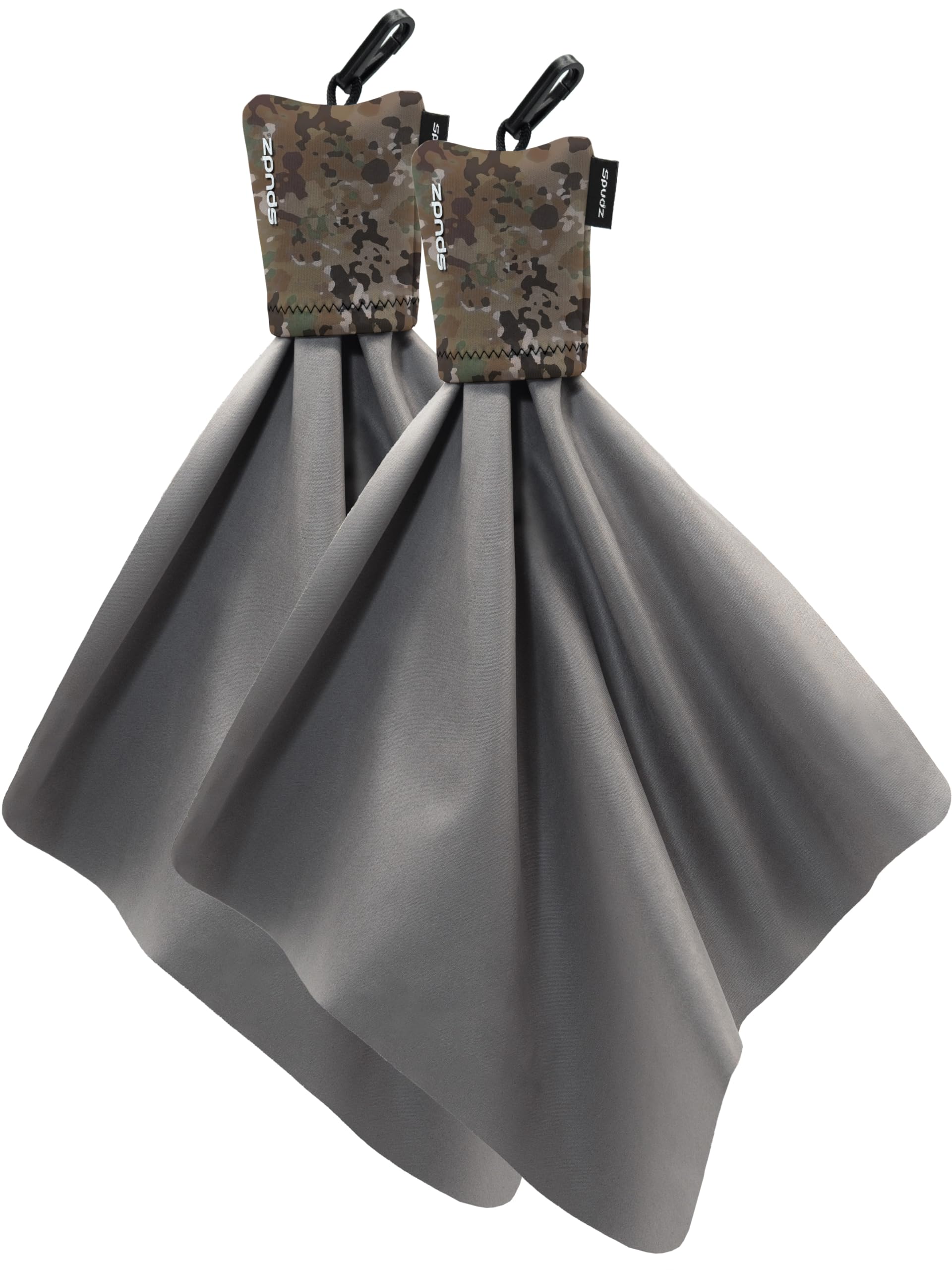 SPUDZ Classic Microfiber Lens Cleaner – Clip-On Pouch, Washable – for Binoculars, Scopes, Glasses, Screens | Multi-Camo, 10 x 10 Inch (2-Pack)