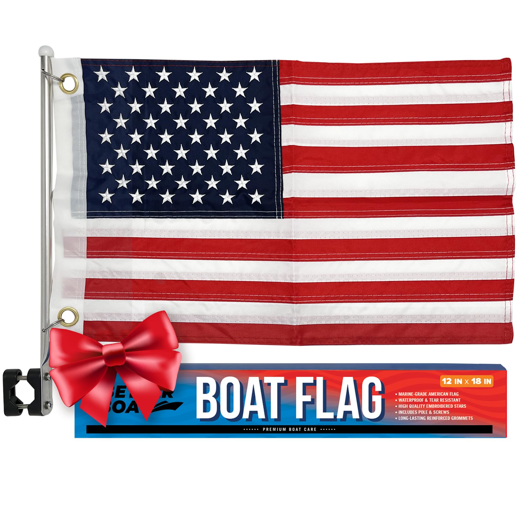 Boat Flag Pole Kit, 12" x 18" Small US American Flag Set, Marine Grade, Dock or Rail Mount Holder, Pontoon Accessories, USA Burgee Flags