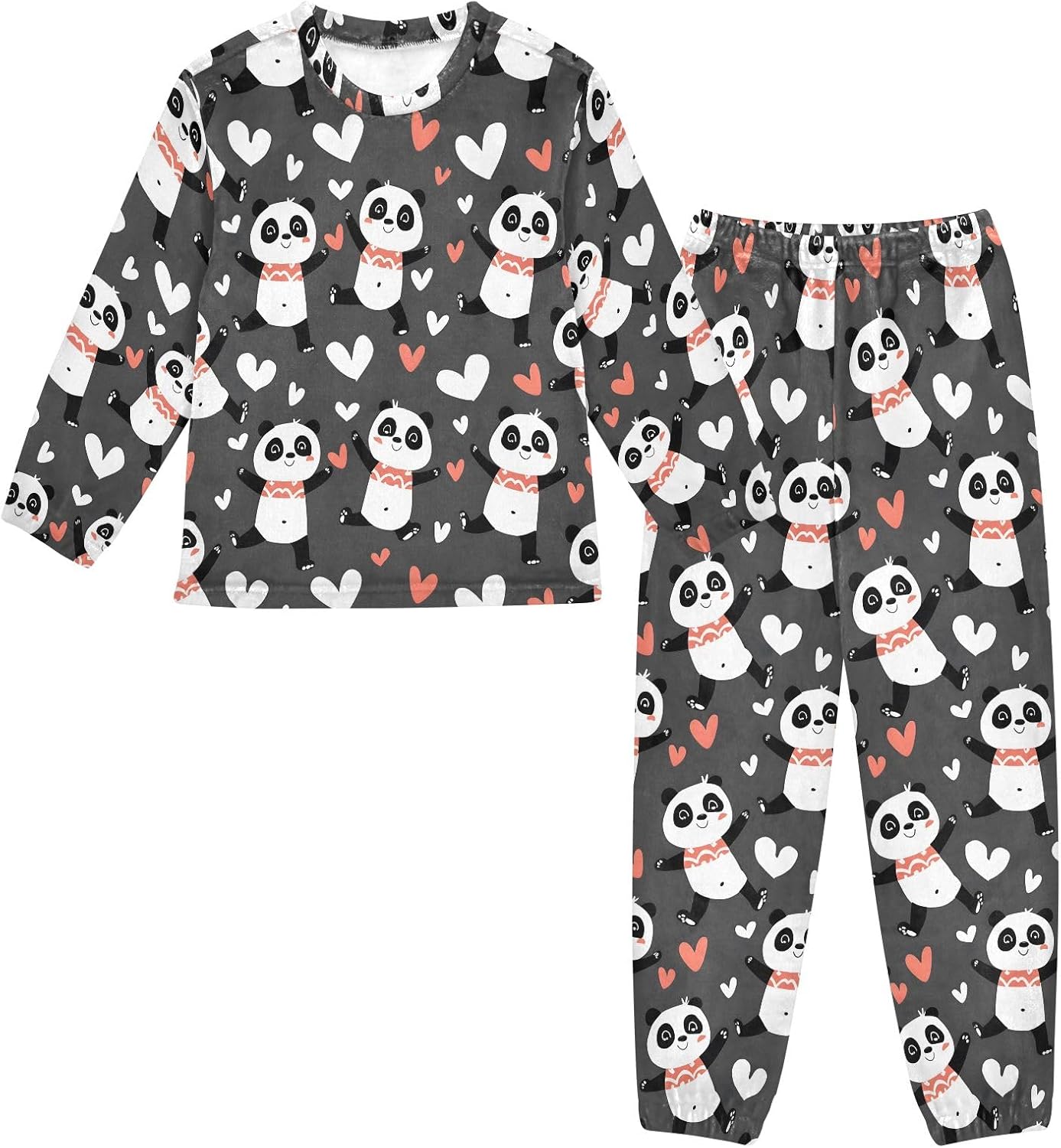 Kids Flannel Sets Cute Panda and Love Heart Warm Plush Relaxed Clothing for Boys and Girls