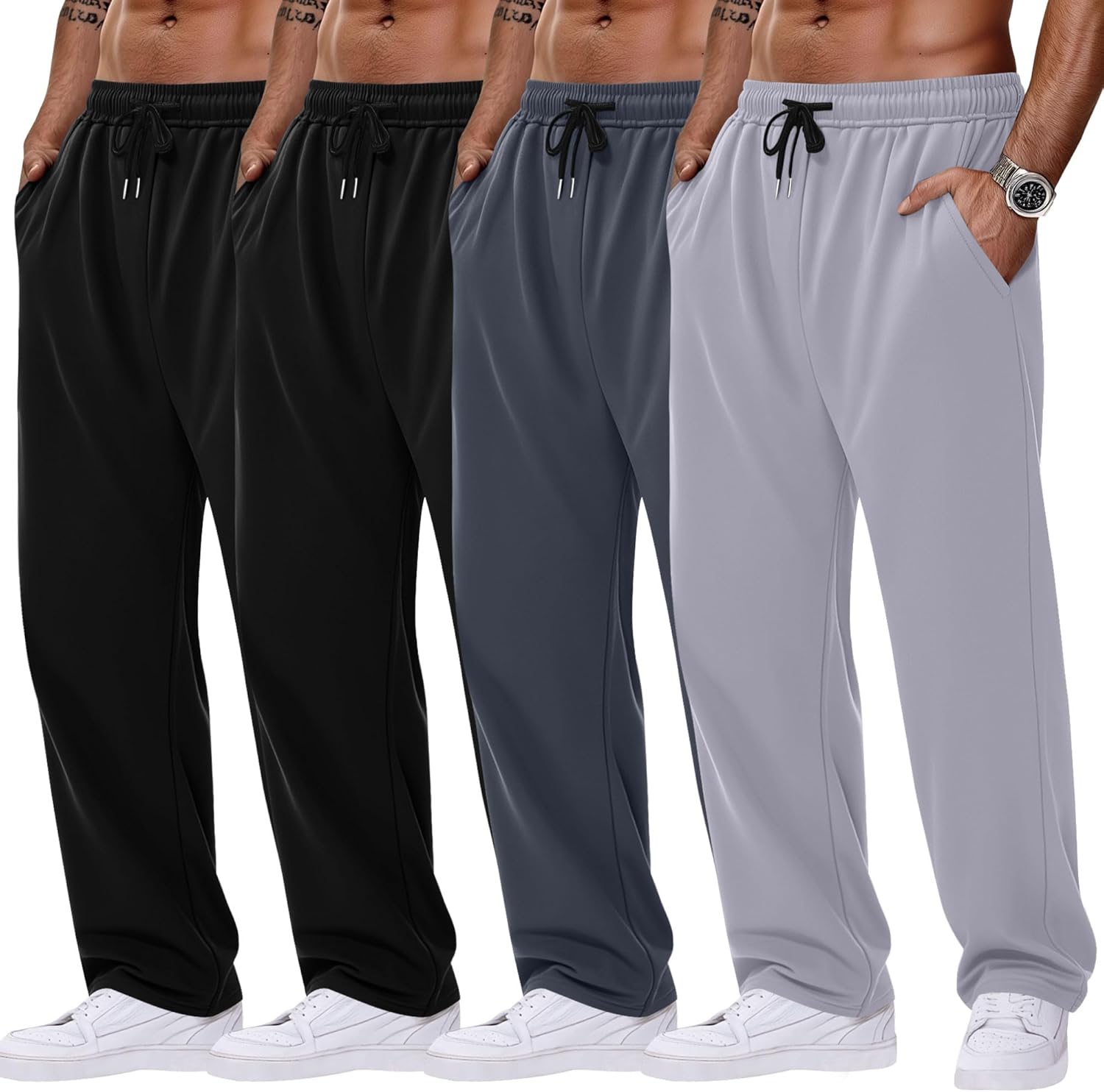 August Alley 4 Pack Men's Sweatpants Open Bottom with Pockets Drawstring Athletic Lounge Joggers Baggy Workout Pants
