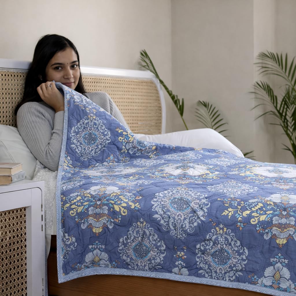 Printed ac comforter double|220 GSM Ultrasonic Microfiber Dohar Blanket | Soft Lightweight Summer for AC Rooms | ac blanket double bed |Reversible All Season Comforter | 228 x 228 cm Royal Blue-image-15