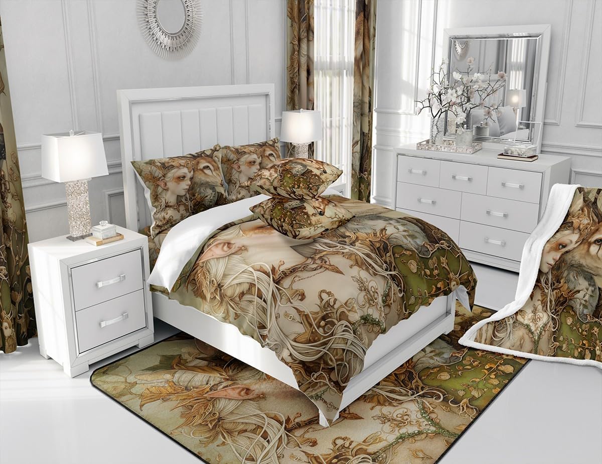 Deer and Girl Duvet Cover Set Queen Size,Elk Antler Dead Branches Leaves Bedding Set for Kids Teens Adult Room Decor,Cute Nature Fairy Girl Comforter Cover Vintage Magical Quilt Cover,2 Pillowcases