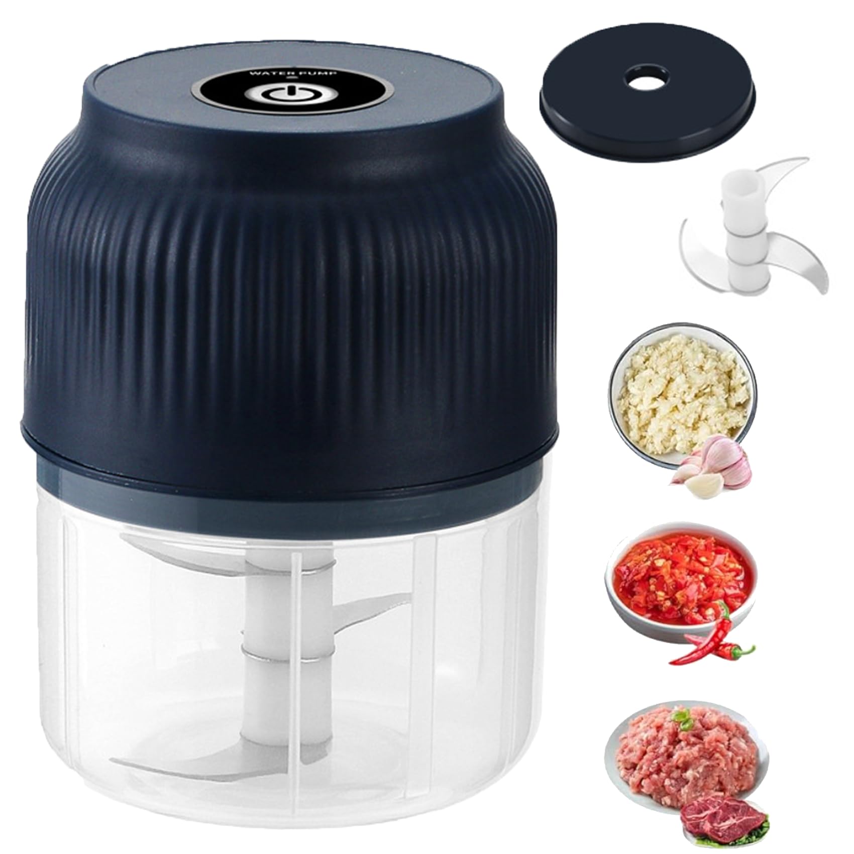 Household Electric Garlic Crusher and Chopper, 350ml Garlic Mincer Electric with Lid, 6 Blades Mini Food Shredder for Garlic, Onion, Ginger, Chili, Spices and Fruit (3 blades blue)