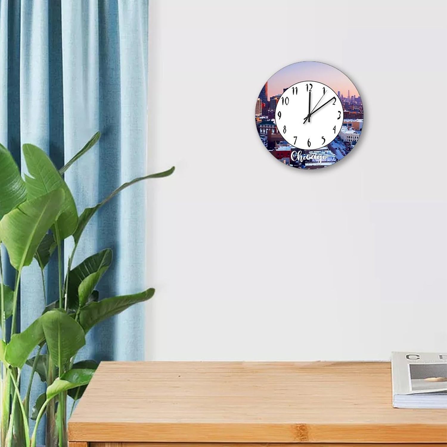 Wood Wall Clock Chicago Hanging Clock Chicago City Skyline Landscape 12in Silent Non-Ticking Battery Operated Wall Clock Decorative for Office School Kitchen Bedroom Living Room