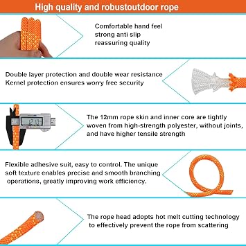 60m Static Climbing Rope 12mm High Strength Rappelling Orange