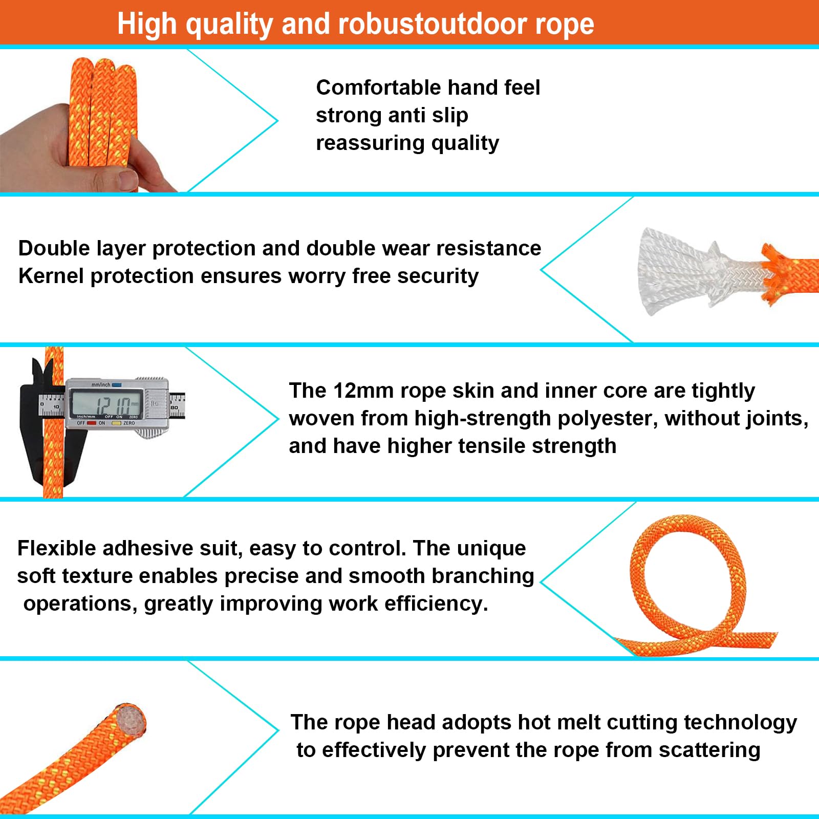 Gangying 12mm Climbing Rope 20m Static Nylon Heavy Duty for Rescue Boats Parachutes Hiking Outdoor Mountaineering Camping Swing High Load-Bearing Capacity and wear Resistance Orange - Image 2