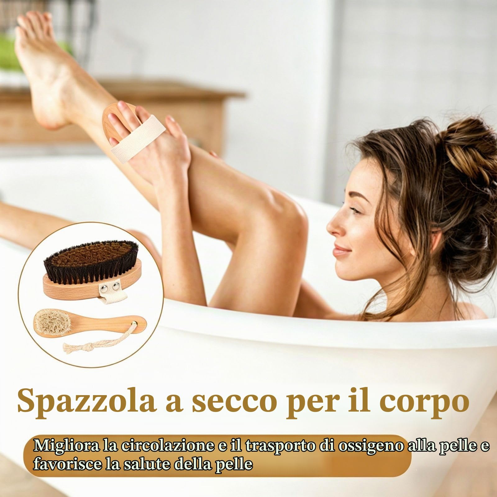 Spazzola a secco con setole naturali, filo di rame, spazzola per il corpo con cinghie, spazzola per massaggi a secco, per rimuovere la pelle morta, cellulite, migliora le funzioni linfatiche