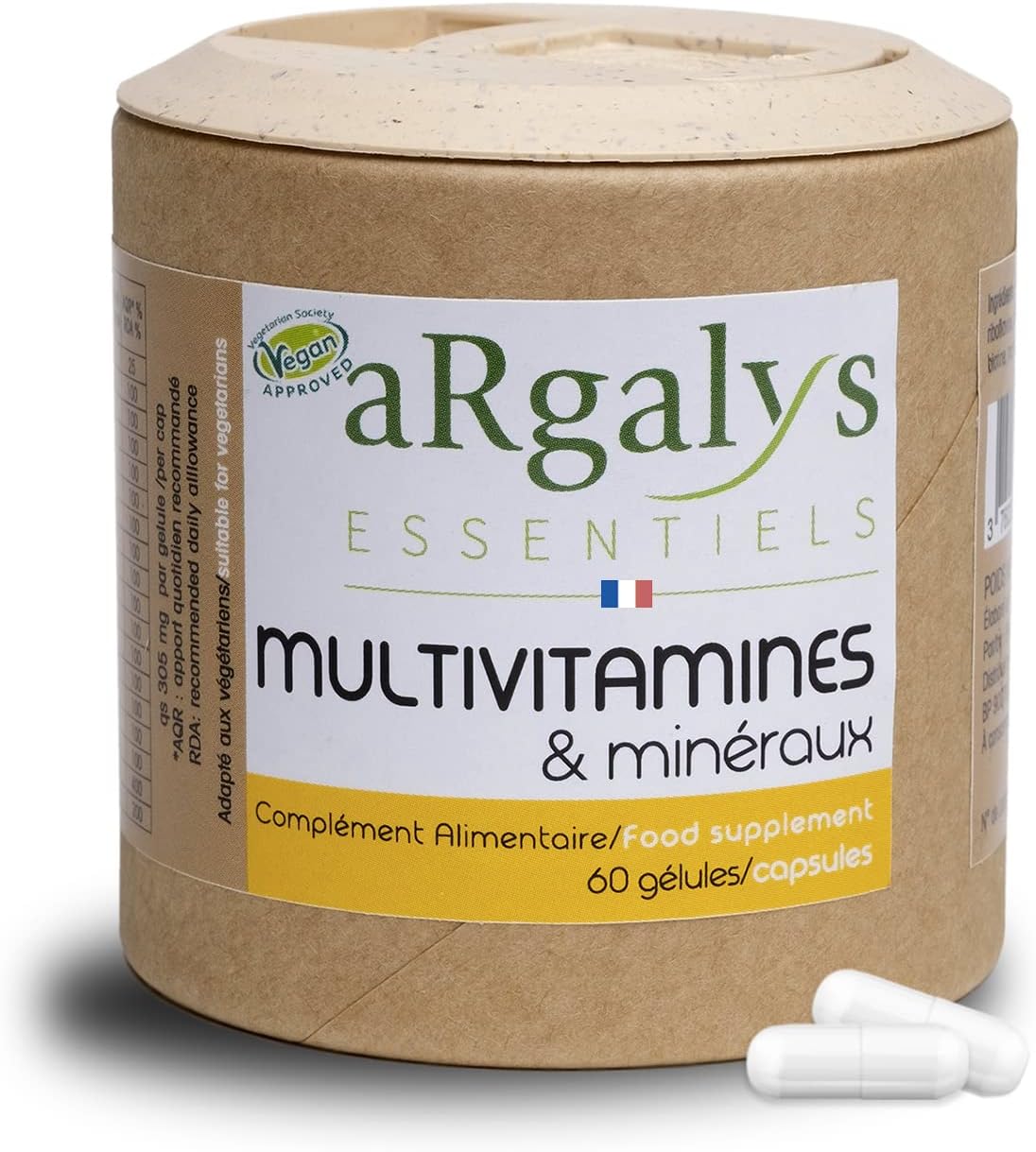 Multivitamins and minerals (2 months) – 20 Nutrients – Vitamins A, B, C, D3, E, K1 and H – Iodine, Selenium + Magnesium – Men/Women – Vegan – 60 capsules made in France – Argalys Essentiels