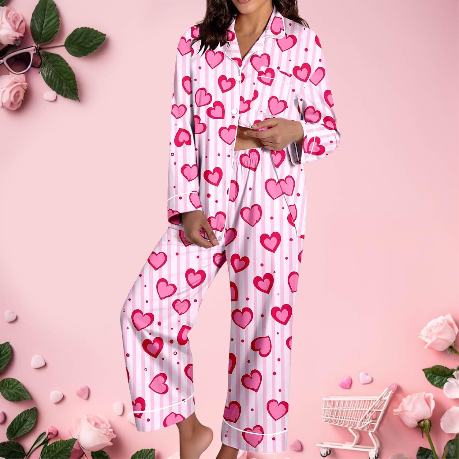 Women'S Pajama Set,Womens Pajamas Long Sleeve Cute Print 2 Piece Outfits | Pajama Sets For Women 2 Piece Pants Button Down 2 Piece Nightgowns Fall Winter Wedding Party Clothing Women'S Pajama Set Pink