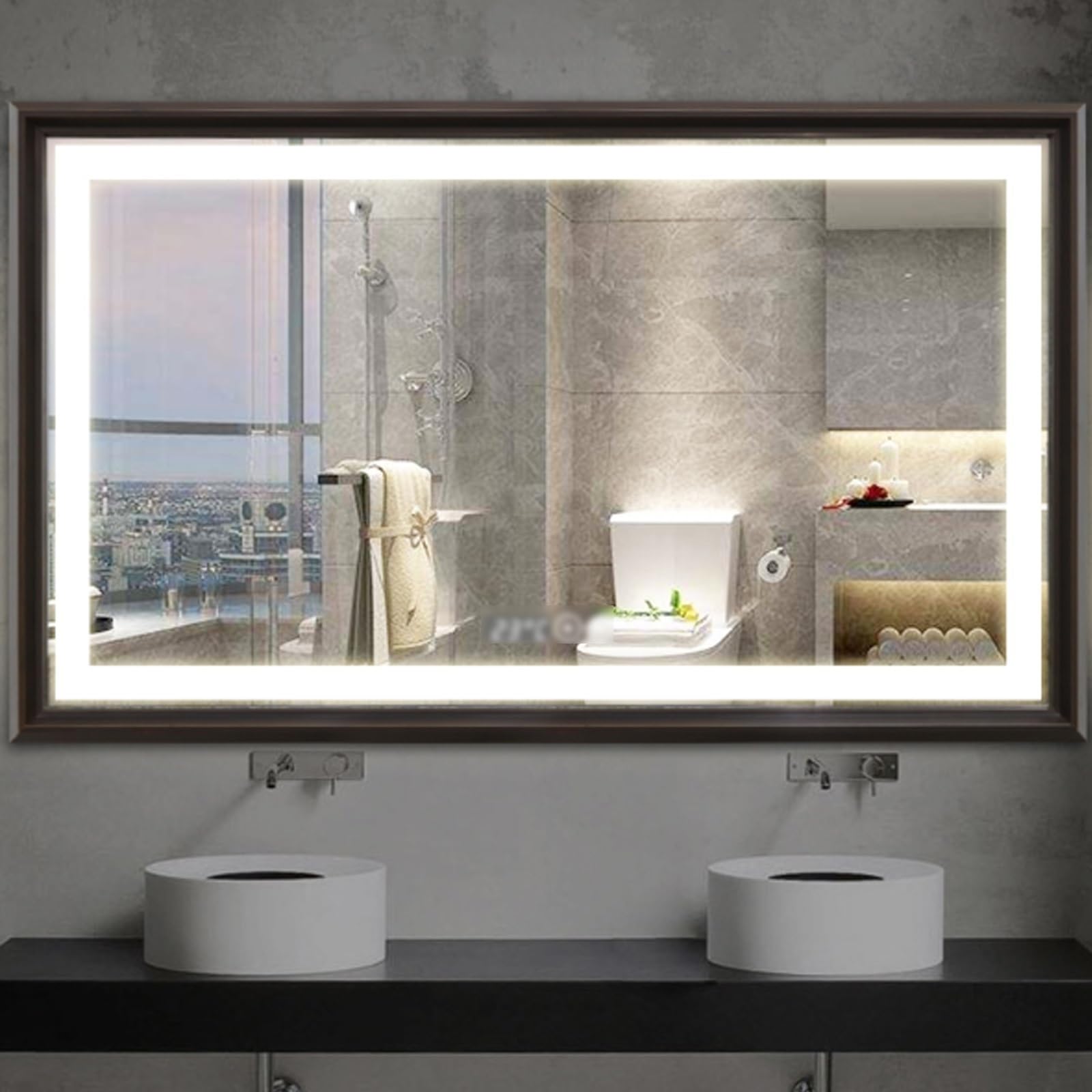 LIDANGUH Smart wall bathroom mirror Anti-Fog, led bathroom vanity mirror with 3-Color lights, Rectangular Solid wood frame, with Time temperature,Shatterproof(C,70 * 90cm/27.6 * 35.4in)
