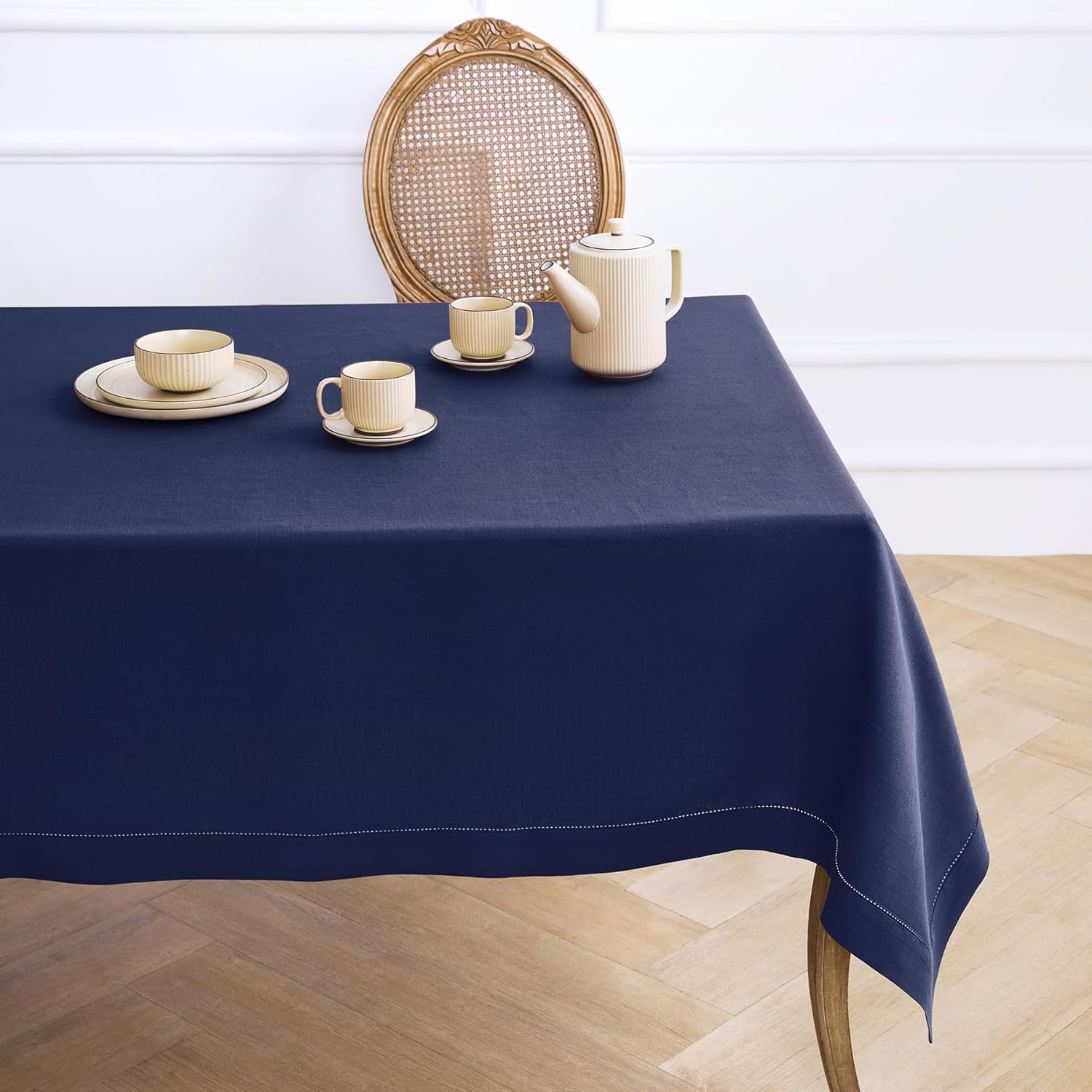 Solino Home Linen Tablecloth 60 x 108 Inch - Classic Hemstitch 100% Pure Linen Navy Blue Table Cloth for Rectangle Tables - Machine Washable Tablecloth for Winter, Easter, Mothers Day