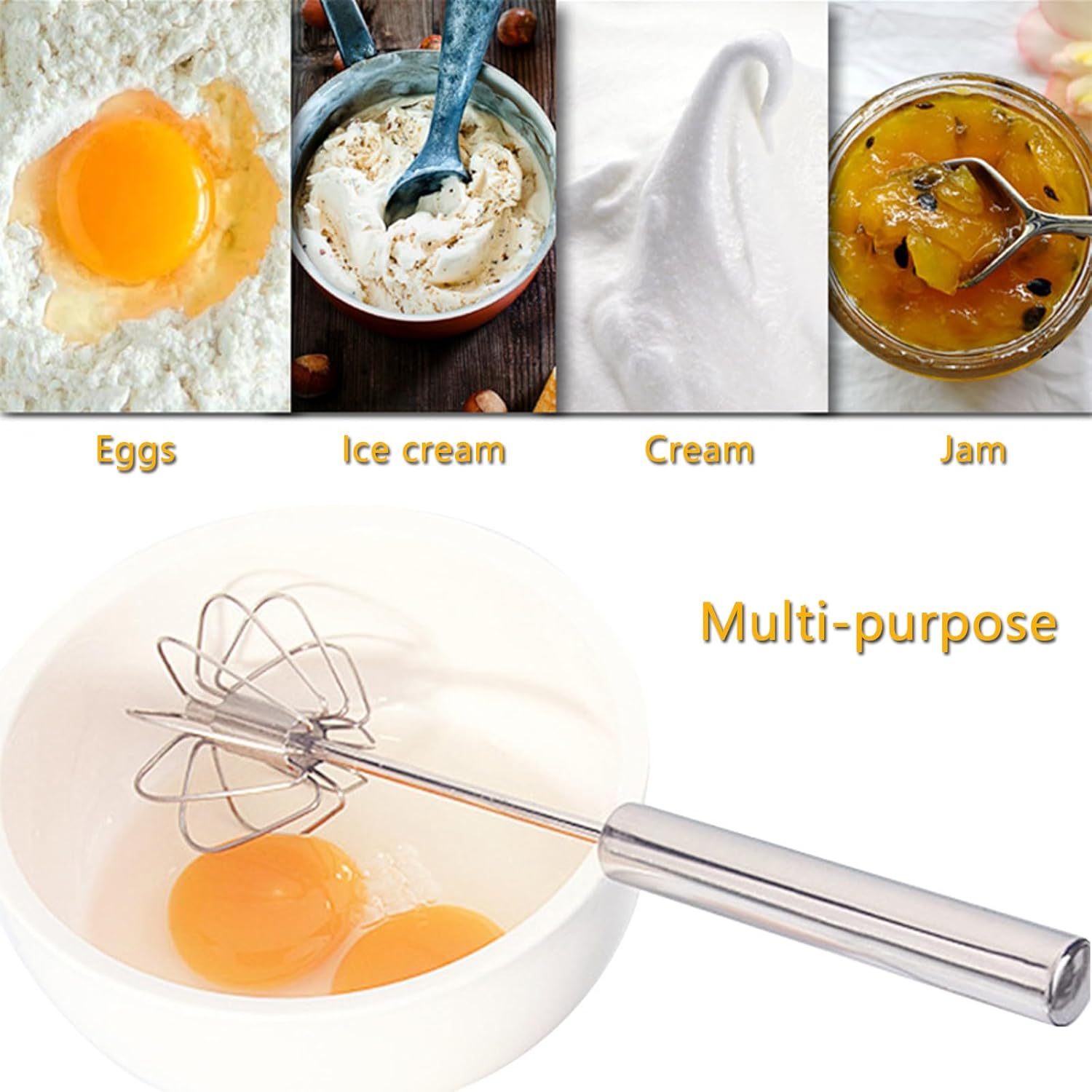 2 Pieces Manual Rotating Whisk Stainless Steel Semi-Automatic Whisk Sauce Whisk for Baking, Whisking, Beating, Mixing, Kitchen Utensils