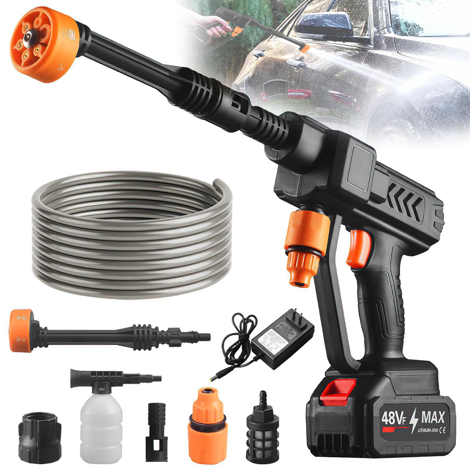 High Pressure Washer Nettoyeur Haute Pression sans Fil avec 1 Batteries, Nettoyeur Haute Pression sur Batterie Buse Rotative 6 en 1 et 180 °,Tuyau De 5 M, pour Nettoyer Les Voitures, Sols (A)