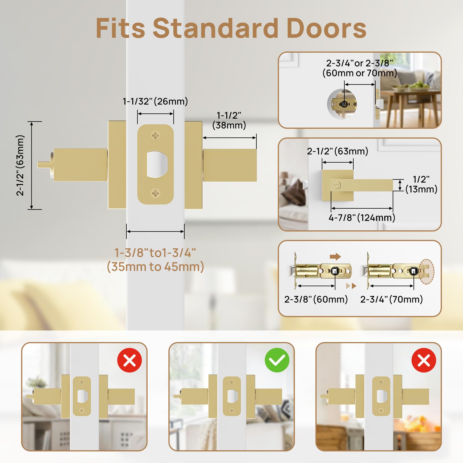 Gold Door Knobs - Keyless Privacy Handles -3