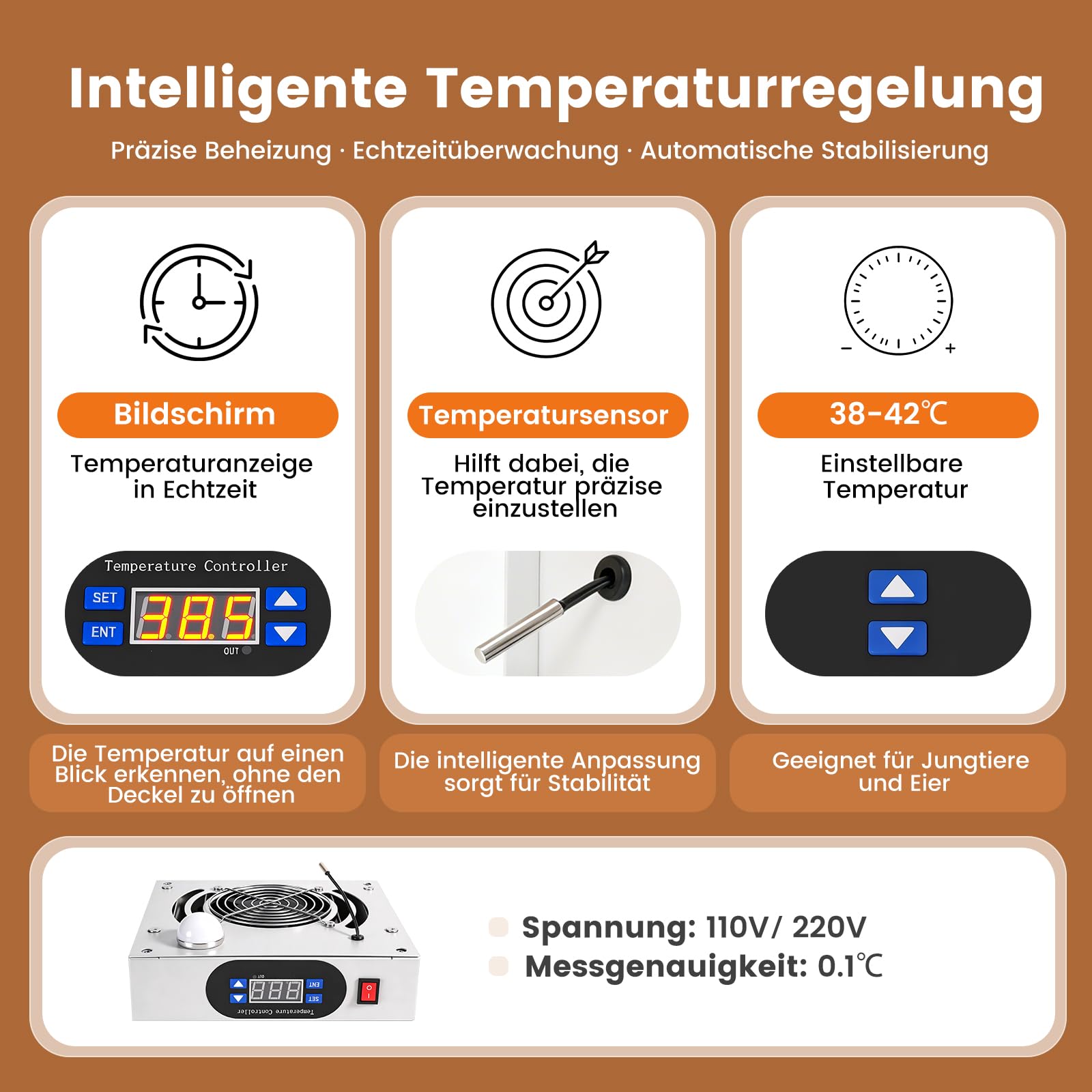 Kükenaufzuchtbox mit 4-Bremsrollen, intelligenter Brütkasten, Holzbrüter mit Temperaturregler, 80x40x40cm