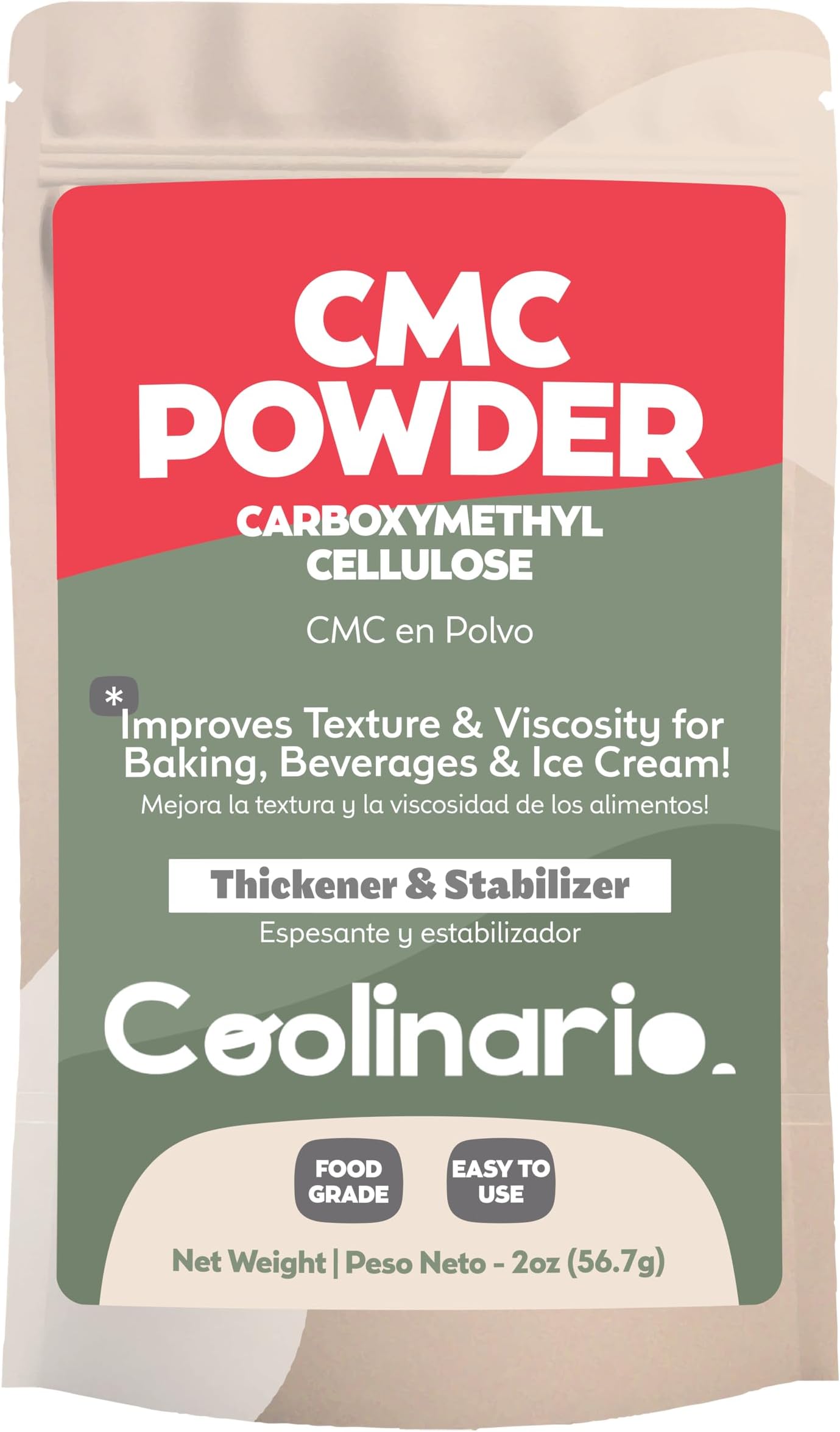 Coolinario Carboxymethyl Cellulose - CMC Powder - Tylose Powder (2 Oz) Food Grade Thickener & Stabilizer for Baking, Beverages & Ice Cream | Improves Texture & Viscosity | CMC Para Helados