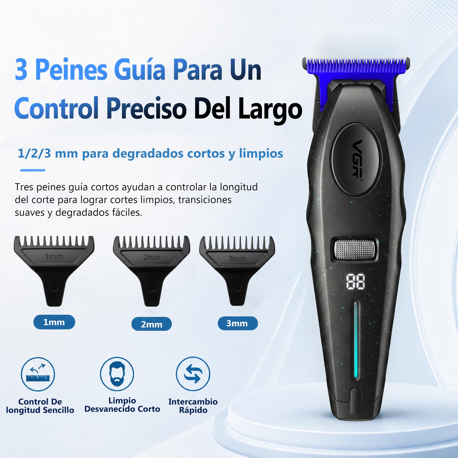 VGR 887T Máquina de Cortapelos Profesional, 6 Velocidades, 9000 RPM, Negro | Recortadora de Contornos 6 Niveles, Cuchilla de Cerámica Desmontable y Lavable para Hombre, Base de Carga