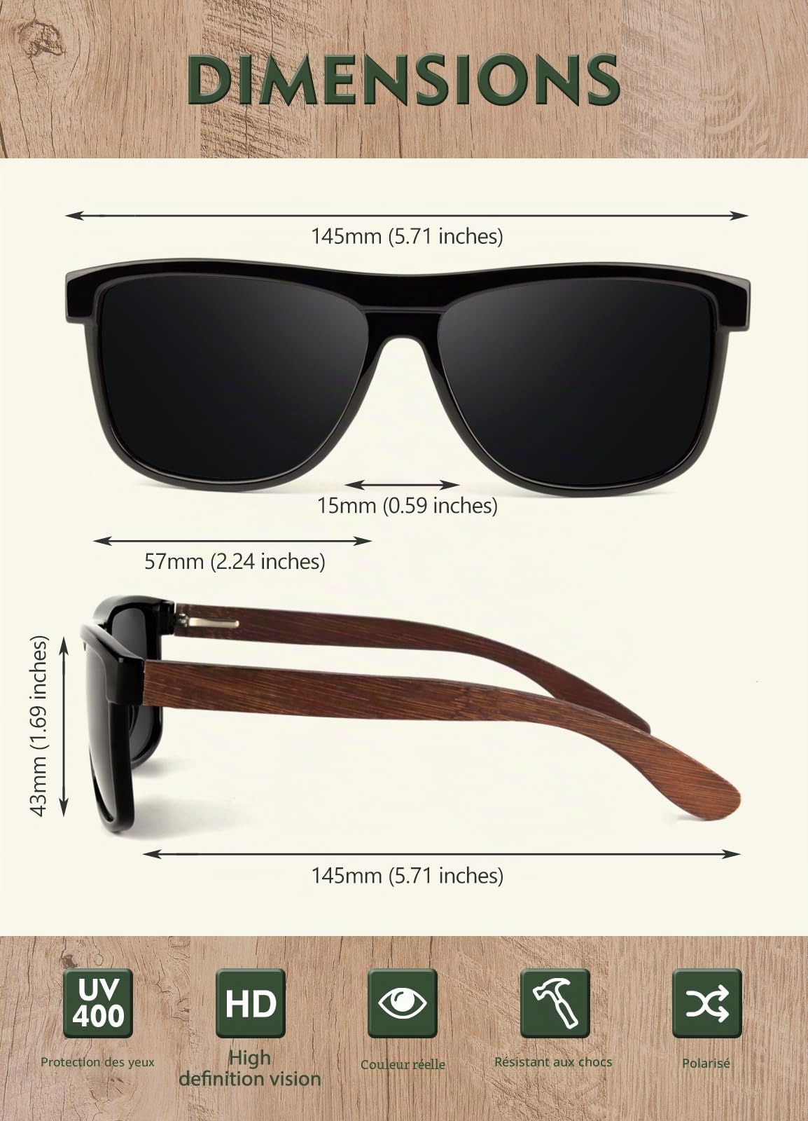 CGID Lunettes de Soleil en Bambou Polarisées UV400 Homme Femme