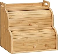 HOOBRO 2-Tier Bamboo Bread Box, Roll-Top Kitchen Countertop Storage Bin with Ventilation, Natural YL15MB01