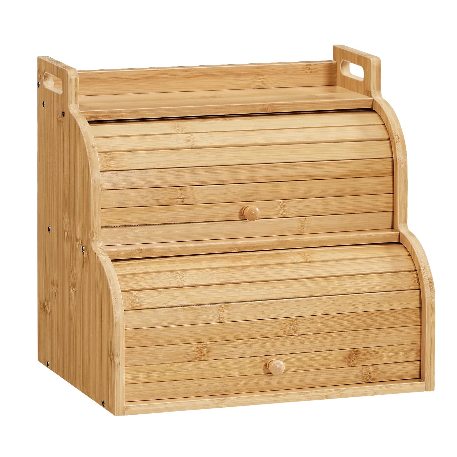 HOOBRO Bread Box, 2-Tier Bread Storage Box with Roll-Up Doors, Bamboo Storage Cabinet for Kitchen Countertop, Food Storage Organizer with Handles, for Kitchen, Dining Room, EYL15MB01