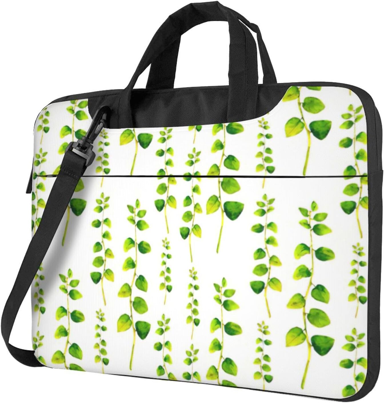 Green Floral Print Laptop Shoulder Bag Messenger Bag Notebook with Accessories Pocket 13/14/15.6 inch, Black, 15.6 inch
