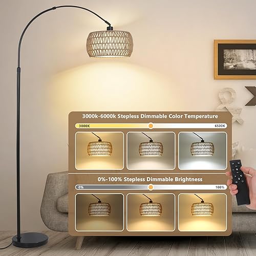 Miniatura 2 de Lámparas de pie de arco para sala de estar con 3 temperaturas de color, lámpara de pie negra con bombilla LED remota y regulable, lámpara de pie