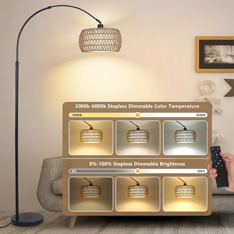 Rayofly Ívelt Állólámpa Rattan Lámpaernyővel - Vintage Boho Padlólámpa Távirányítóval, LED Izzóval, Alkalmazásvezérléssel, Fényerőszabályzó
