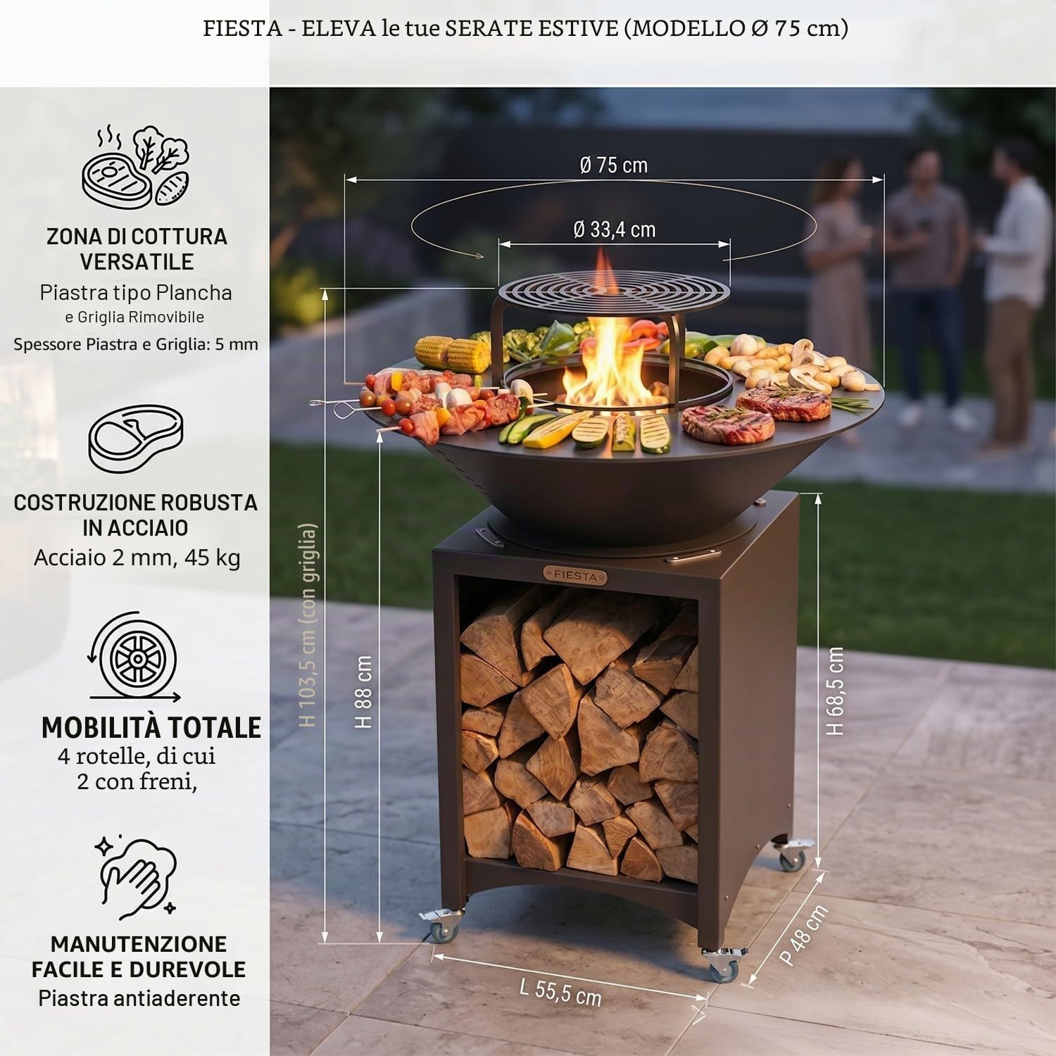 Mon Mobilier Design Fiesta Braciere Alto con Piastra e Griglia Rimovibile in Acciaio Barbecue Plancha Esterno Ø 75 cm