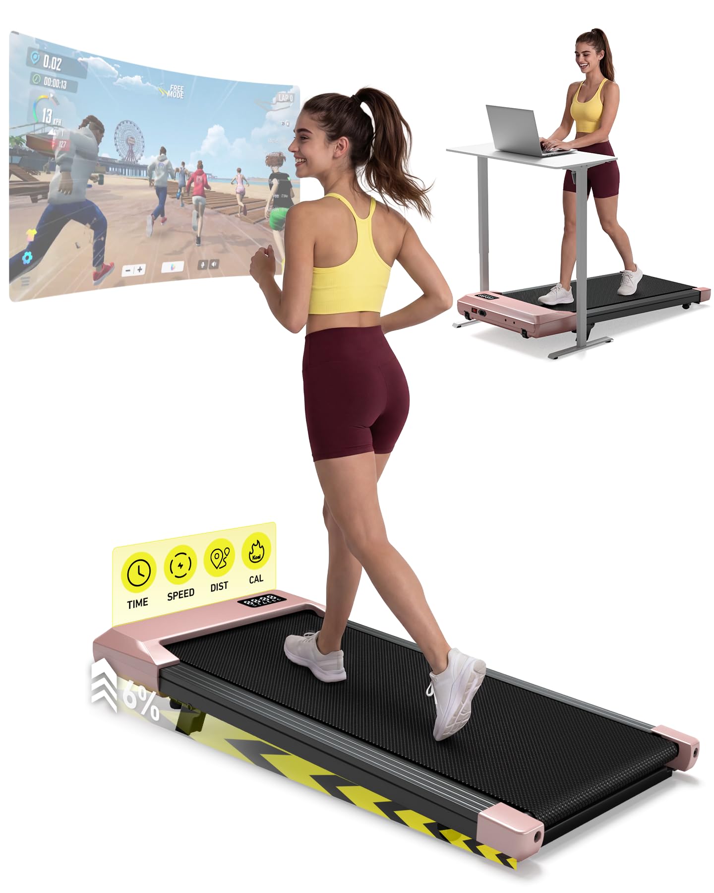 MJWW Walking Pad Treadmill with 5% Incline，Foldable Under Desk Treadmills for Home/Office, Max 6/12km/h, 136kg Capacity, Smart Walking Machine with APP & Remote Control, 12 HIIT Programs