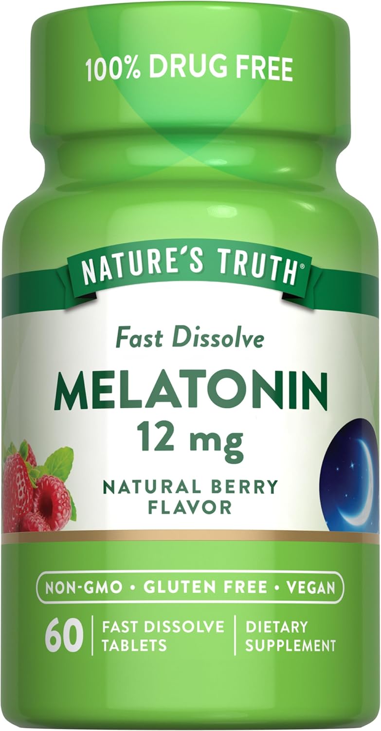 Nature’s Truth Melatonin 12mg | 60 Fast Dissolve Tablets | Natural Berry Flavor | Vegan, Non-GMO & Gluten Free Supplement