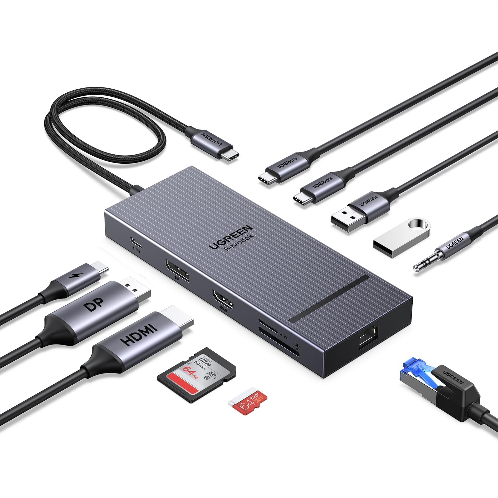 Laptop Docking Station Dual Monitor, 4K@60Hz HDMI+DP, 11-in-1, 4K@120Hz DisplayPort, 100W PD, 2×10Gbps USB-C, 170MB/s SD/TF, 40cm Cable, Aluminum USB C Hub for Dell, HP