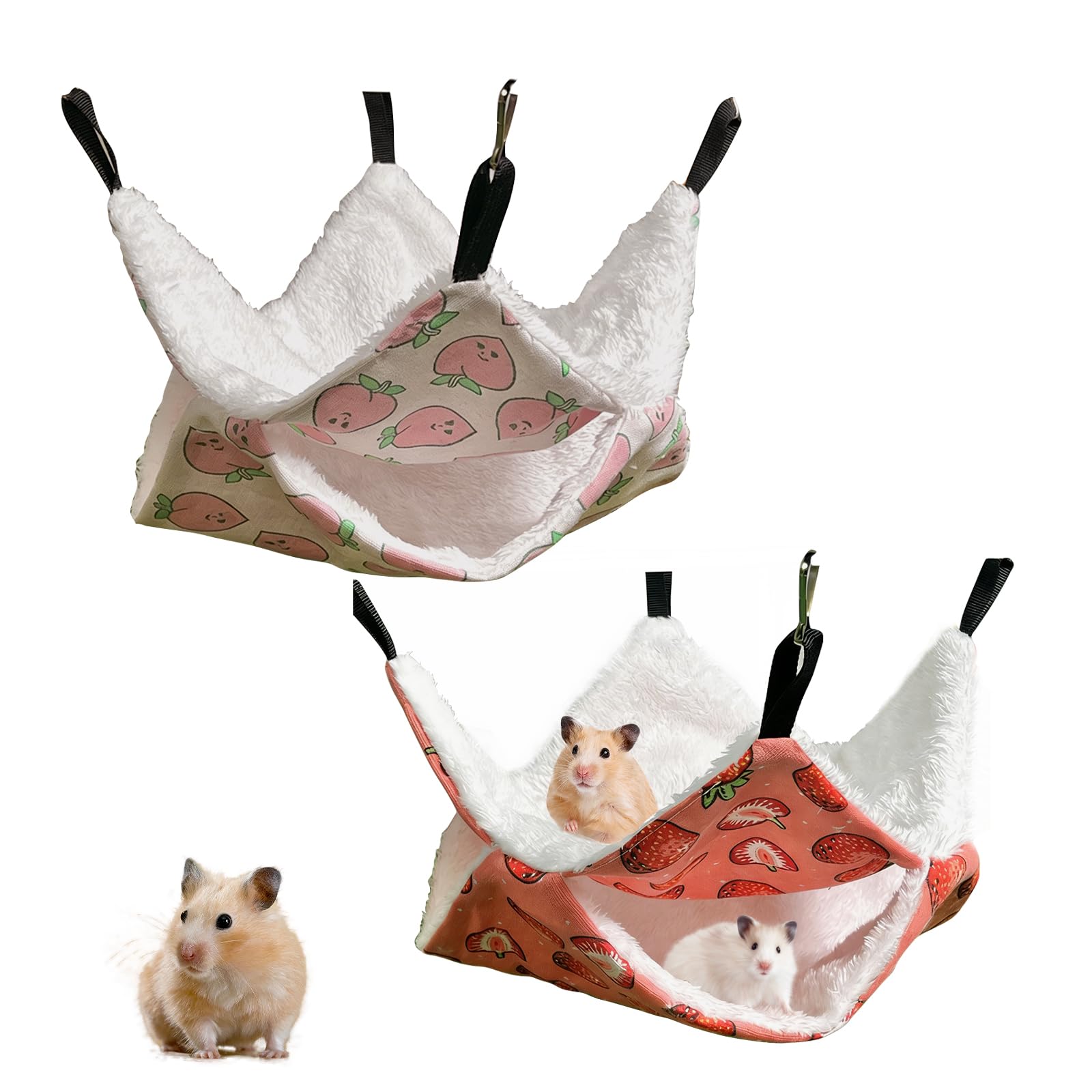 Megcdtr Rat Hammock, 2 Pcs Double Layer Rat Hammocks for Cage, Plush Guinea Pig Hammock, Soft Warm Guinea Pig Hideout for Ferrets Chinchillas Squirrel Sugar Glider (Strawberry+Peach)