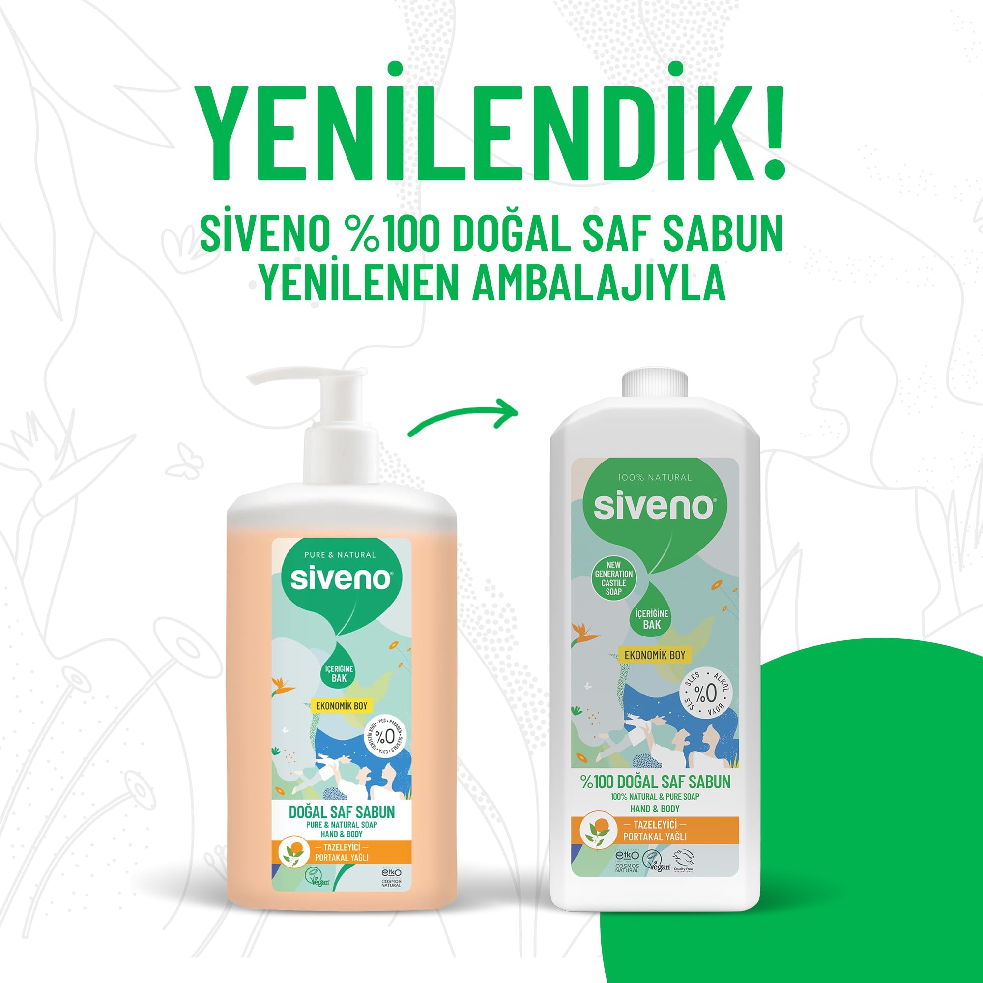 Siveno %100 Doğal Sıvı Kastil Sabun Portakal Yağlı Yoğun Nemlendirici Arındırıcı Bitkisel Vegan 1000 ml
