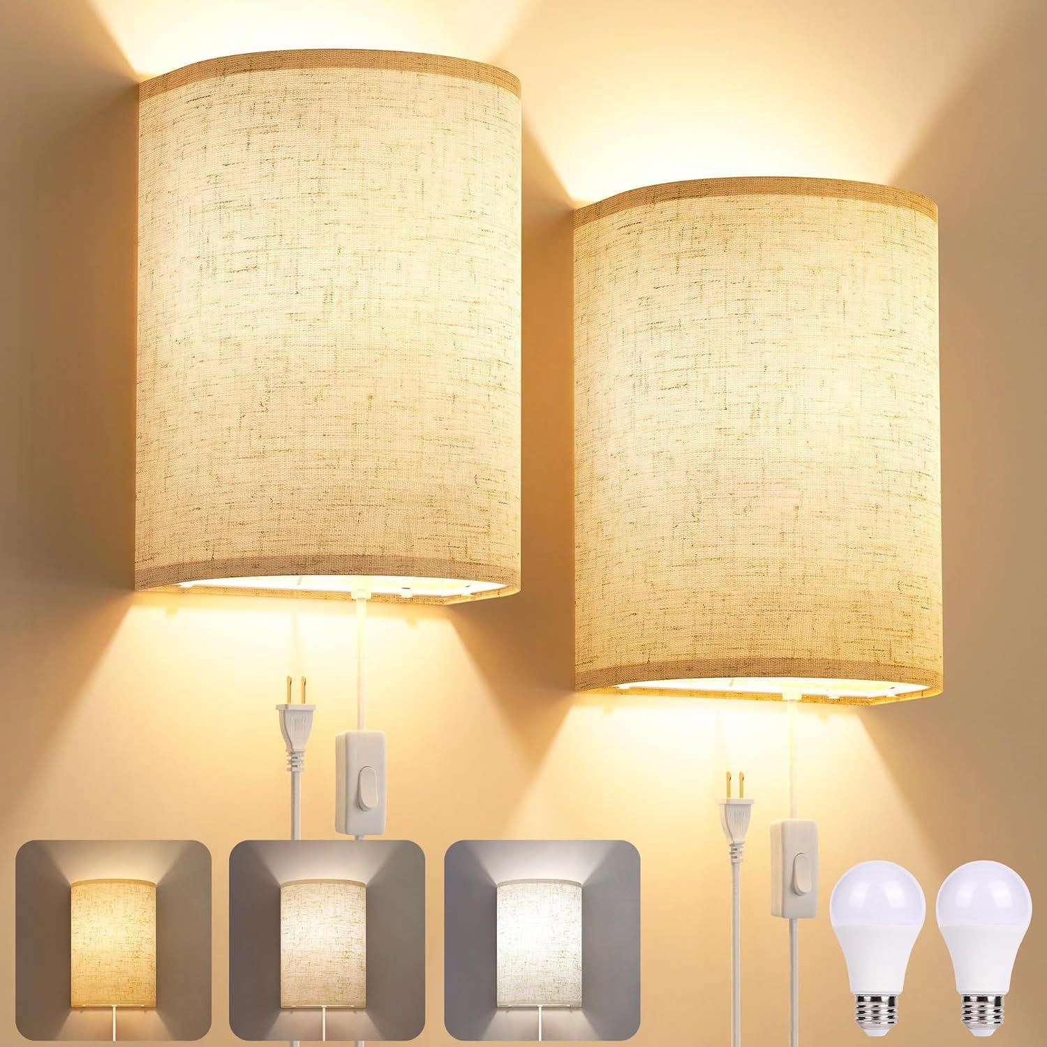 EaEa Stoff Wandlampe mit Stecker und Schalter, Innen Vintage Wandleuchte mit Kabel, Leinen Lampenschirm, UP&Down Lichteffekt, E27 Nachttischlampe Wand Retro Lampe für Wohnzimmer Schlafzimmer,2pack