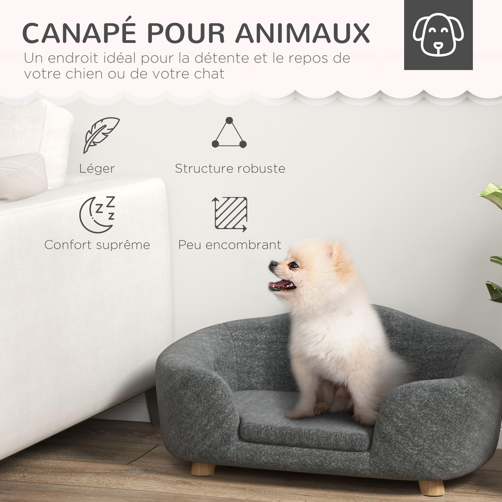 PawHut Canapé lit Panier Chien Chat sur Pied Design Contemporain Coussin Moelleux Amovible Pieds Bois Massif dim. 70L x 47l x 30H cm Gris Anthracite