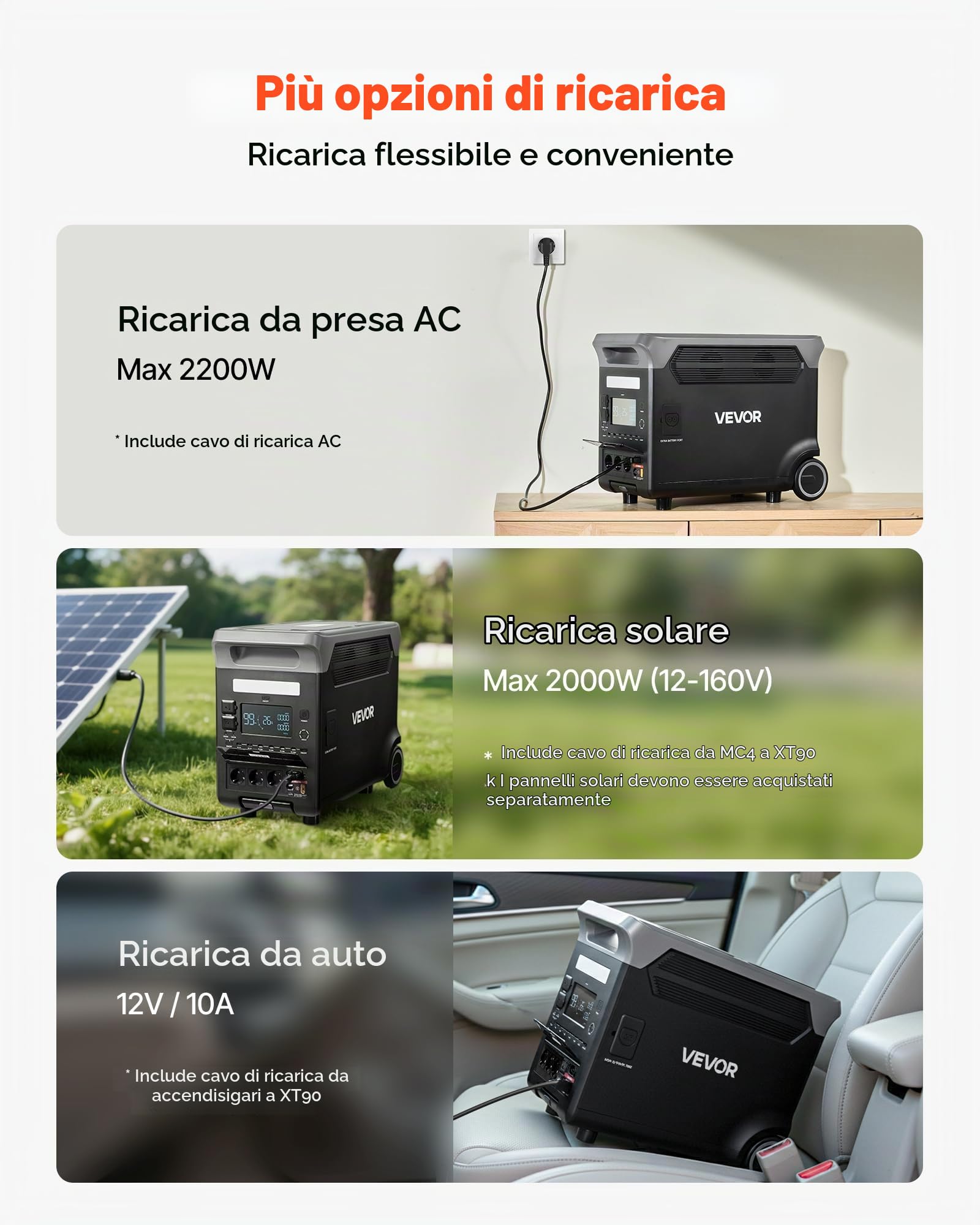 VEVOR Centrale Elettrica Portatile, Generatore Solare da 3600 W e 3840 Wh con 10 Porte di Uscita, Batteria di Backup LiFePO4 Espandibile per Camper, Campeggio, Senza Pannello Solare