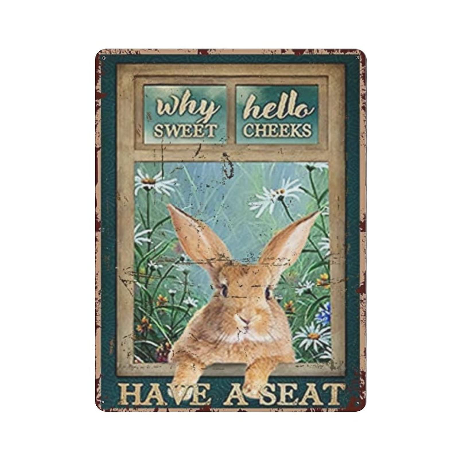 AOOEDM Hello Sweet Cheeks Rabbits Metal Tin Signs for Man Cave Funny Art Wall Plaque Kitchen Bar Sign Coffee Shop Garage Wall Decor Hanging Decor