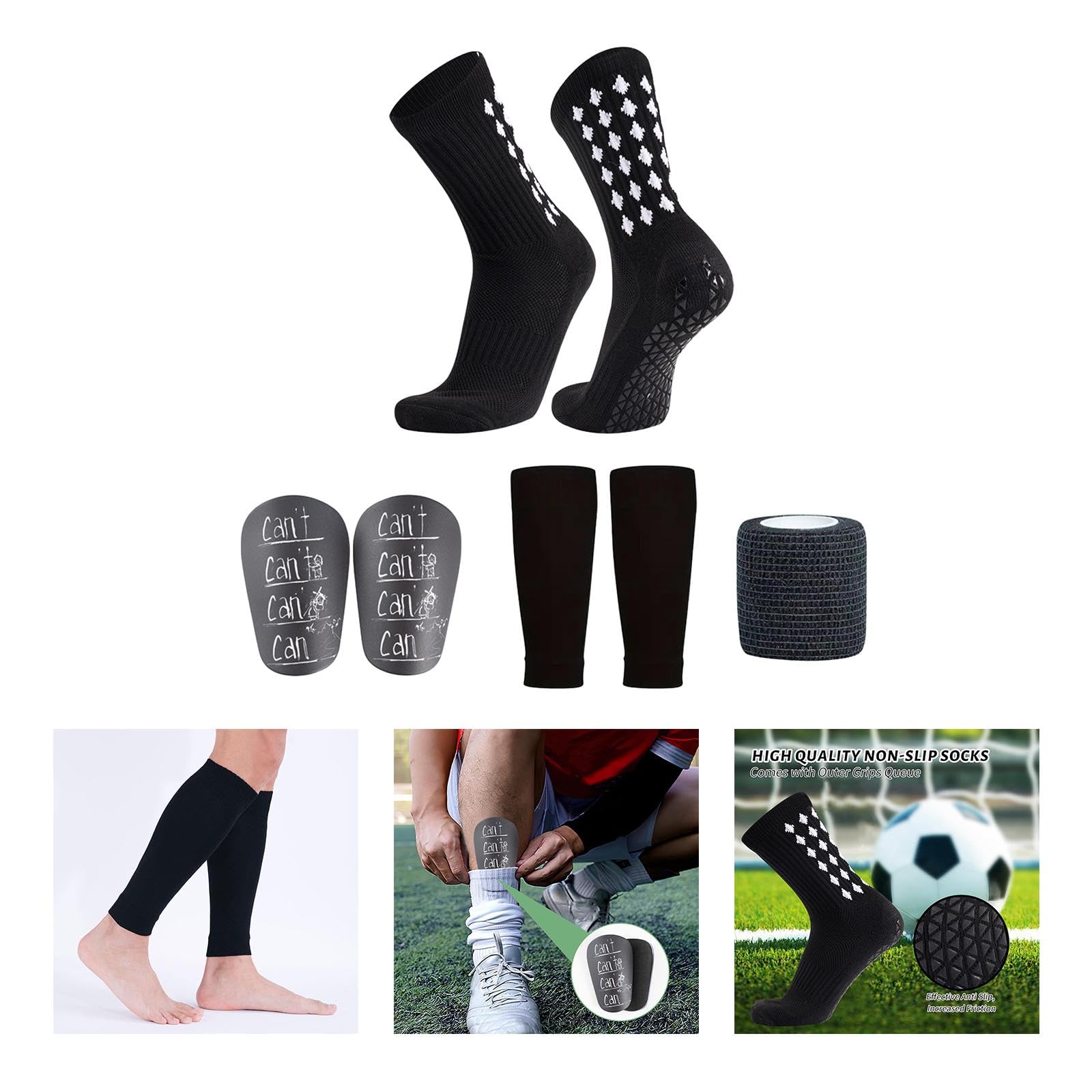 F Fityle Calcetines de fútbol antideslizantes con almohadillas, fáciles de usar, prácticos y multifuncionales, juego de equipo deportivo, espinilleras con, Negro